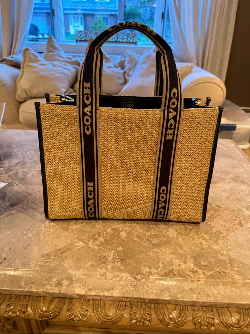 COACH Smith Tote Bag CAL88 Toast Black 2way Crossbody Straw Pebble Leather - Picture 2 of 11